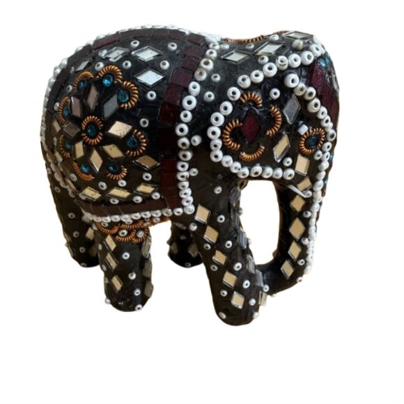 Handmade Indian Mirror Glass & Bead Embellished Elephant Figurine NWOT - Picture 2 of 5